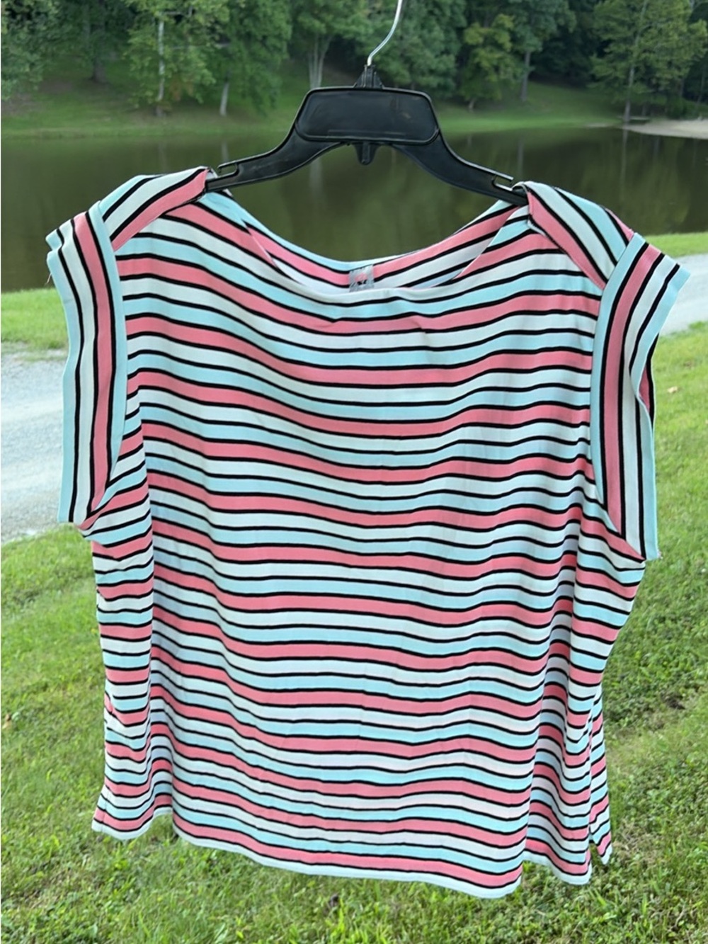 Anne Klein Pink, Light Blue & Black Striped Cap-Sleeve Top